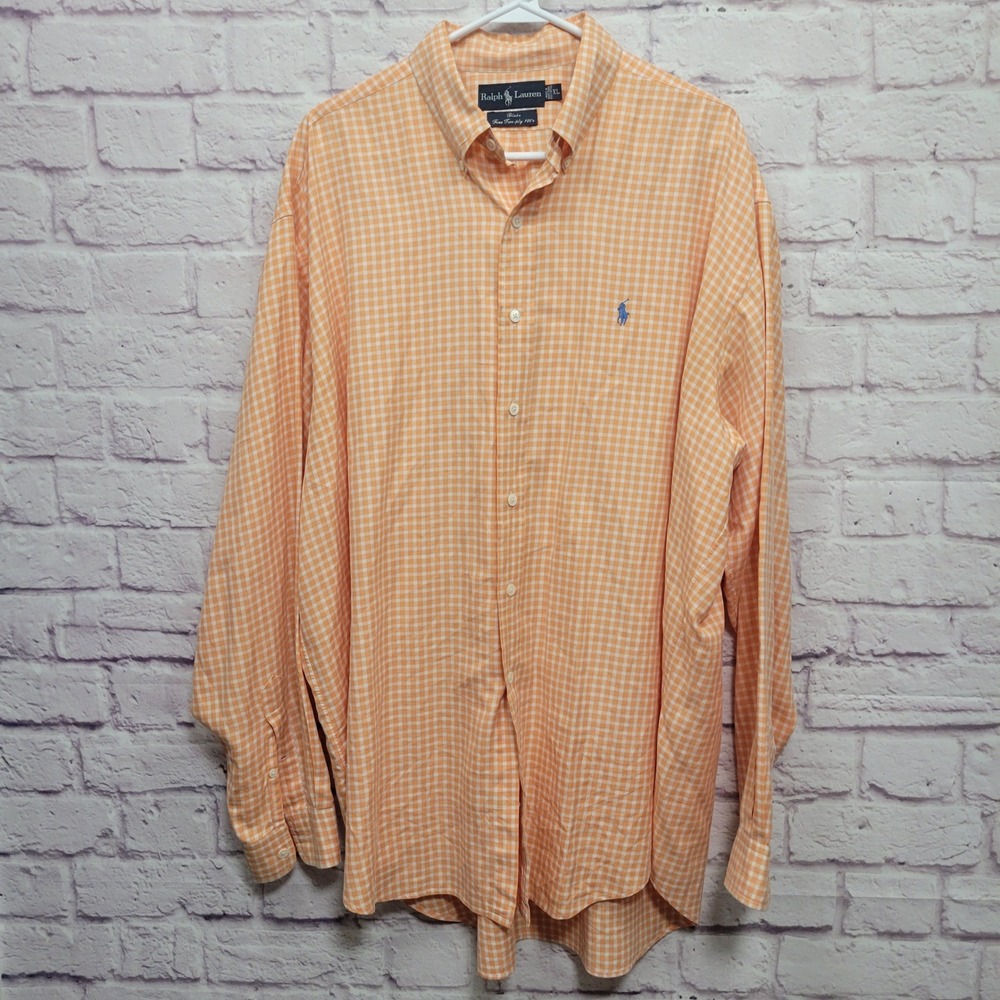 Vintage Ralph Lauren Orange Gingham Button Shirt Size XL Blake Fine Two-Ply 100s
